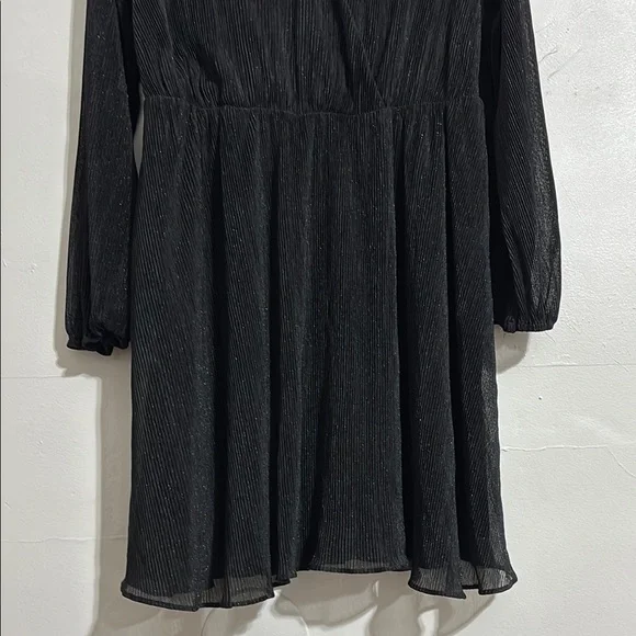 NWT Black Glitter Plissé Mini Dress V-Neck Long Sleeve Metallic Sparkle large - Picture 7 of 13